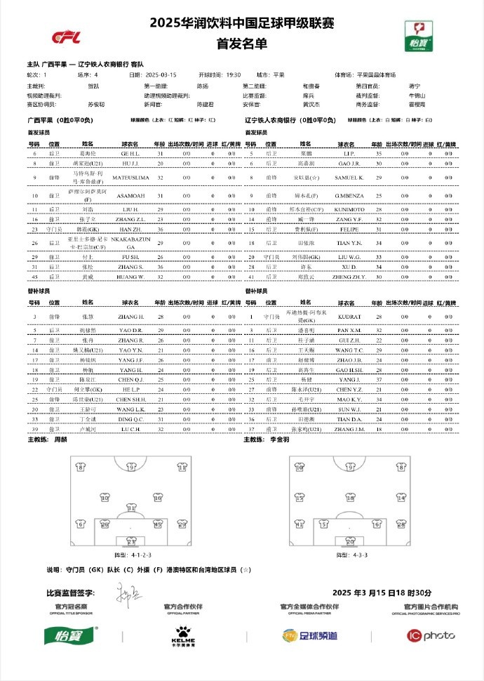 中甲-廣西平果vs遼寧鐵人首發(fā)：三外援對決三外援，安以恩出戰(zhàn)