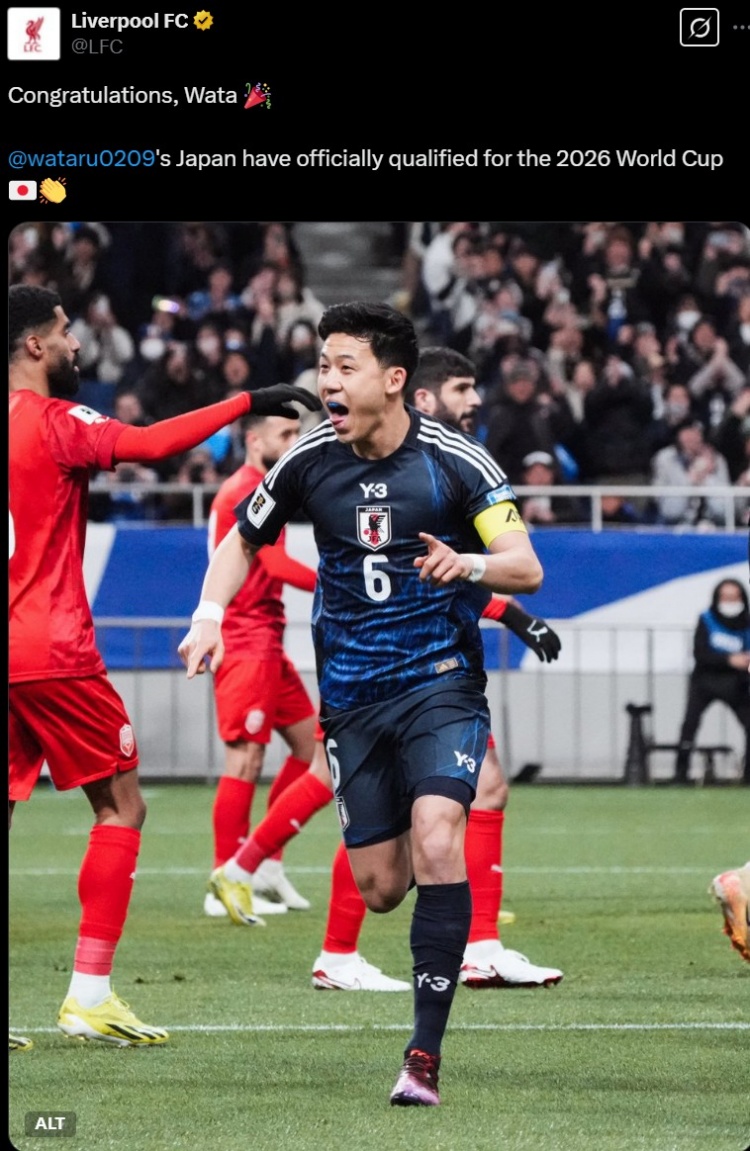利物浦官推曬遠(yuǎn)藤航照片，祝賀其隨日本隊(duì)提前晉級世界杯